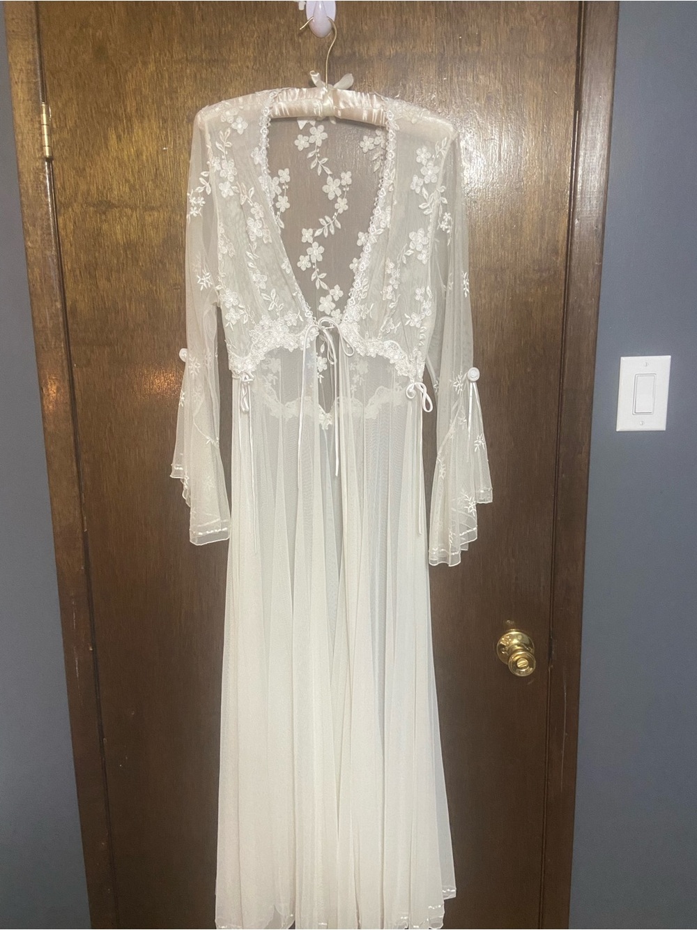 Sheer Lace Long Robe in Ivory - Women's Intimates